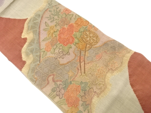 JAPANESE FUKURO OBI / UNUSED / MAWATA TSUMUGI / EMBROIDERY / SHIBORI / FLORAL CART